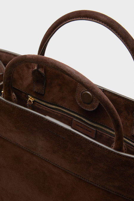 Espresso Large Suede Veronica Beard Dash Bag, featuring classic Italian suede, effortless design with top handles, removable strap, and high-end gold-tone zipper pocket for fun, versatile style.