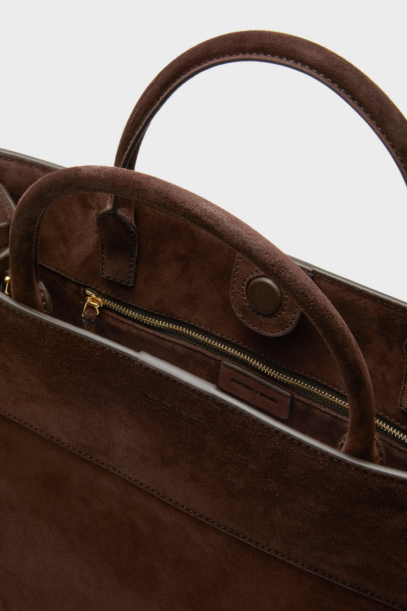 Espresso Large Suede Veronica Beard Dash Bag, featuring classic Italian suede, effortless design with top handles, removable strap, and high-end gold-tone zipper pocket for fun, versatile style.