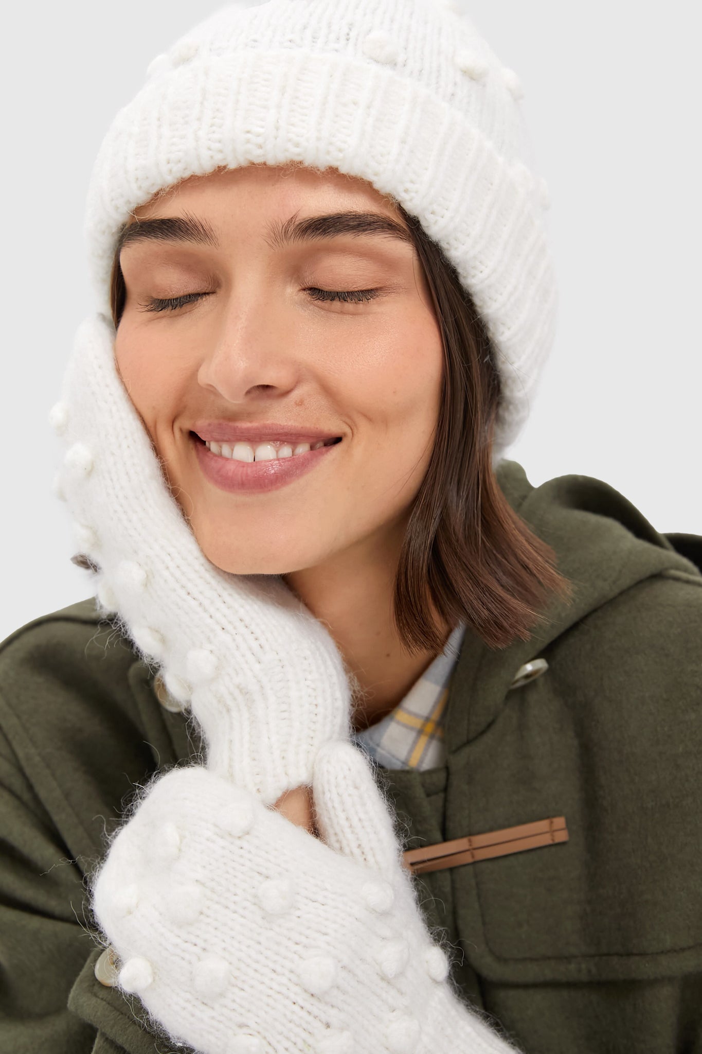 Cream Pom Pom Hat and Mittens Set
