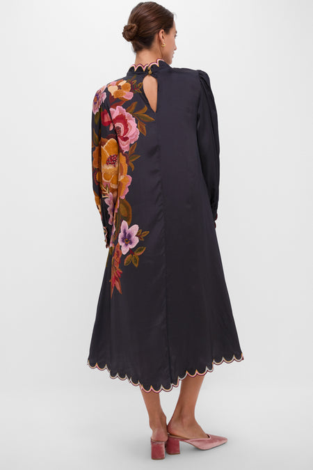 Black Chenille Flowers Midi Dress with classic scalloped edges and bold floral detailing, offering an effortless yet high-end look, perfect for fun, elegant occasions.