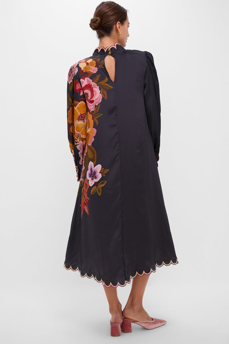 Black Chenille Flowers Midi Dress with classic scalloped edges and bold floral detailing, offering an effortless yet high-end look, perfect for fun, elegant occasions.