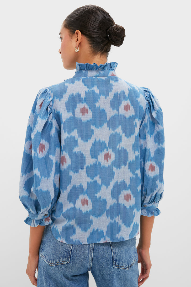 Jinja Blue Ruffle Front Button Blouse