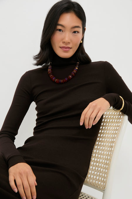 Brown Melange Rib Knit Turtleneck Column Dress