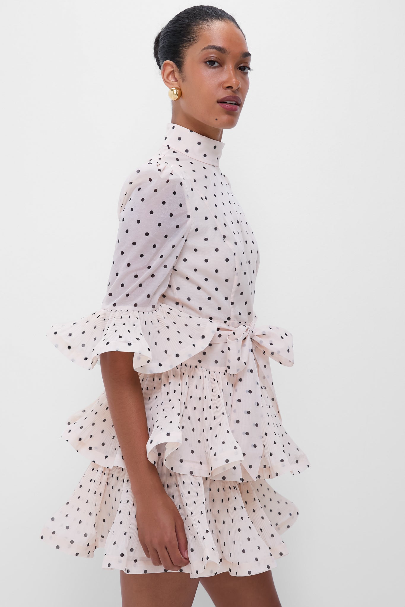 Cream and Black Polka Dot Pleated Sleeved Mini Dress
