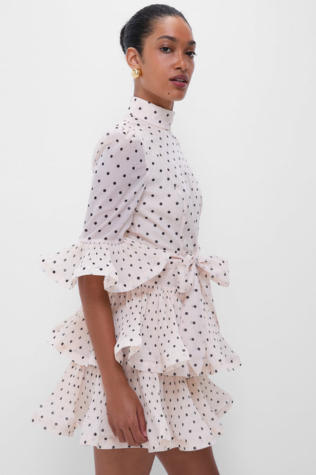 Cream and Black Polka Dot Pleated Sleeved Mini Dress