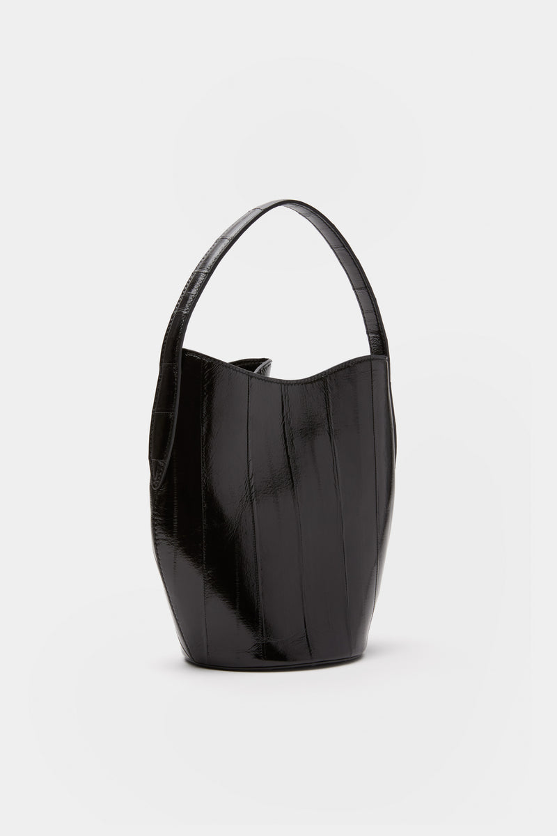 Black Eel Skin Mini Belted Bucket Bag