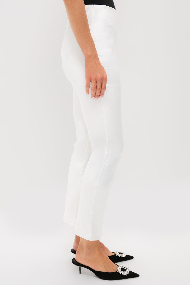 Model wearing Winter White Velvet Ashford Pants, showcasing a classic, effortless style with ankle-length slim-fit design, paired with high-end black sling-back mules featuring crystal-embellished buckles.