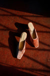Blush Velvet Tilda Mules in dusty-rose velvet feature a classic mule silhouette with an elongated square toe and low block heel, offering effortless, high-end style.