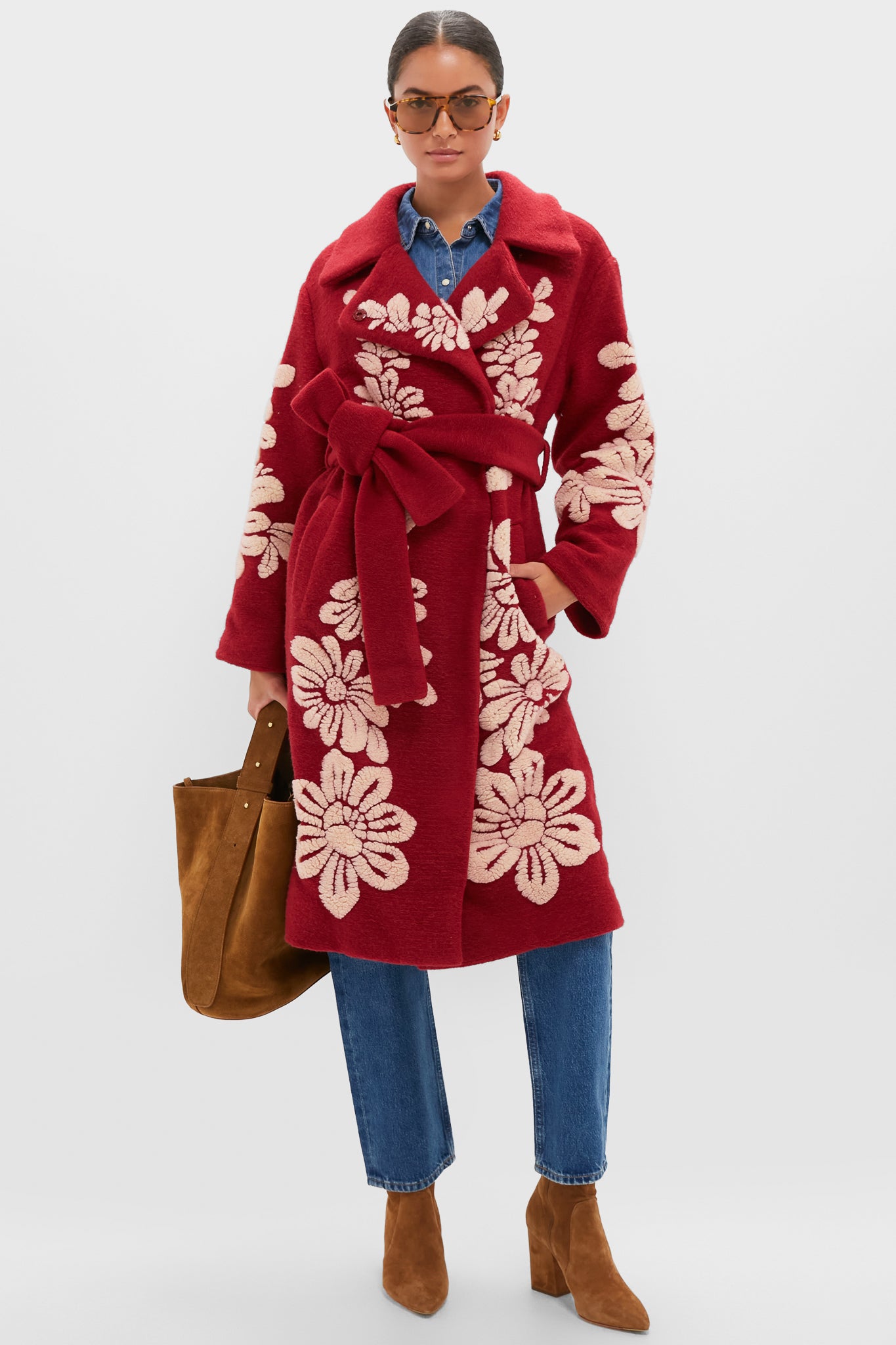 Bold Flowers Burgundy Fleece Coat