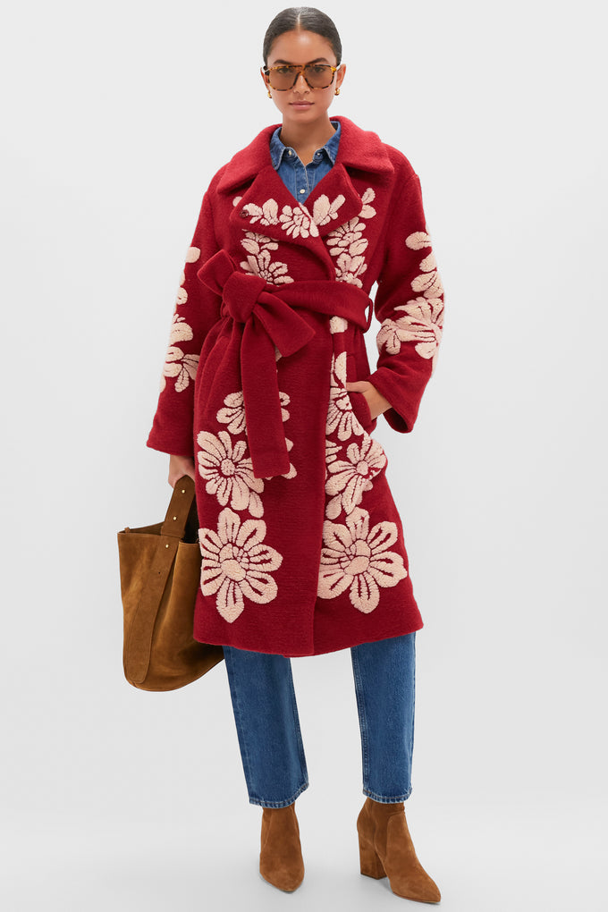 Bold Flowers Burgundy Fleece Coat