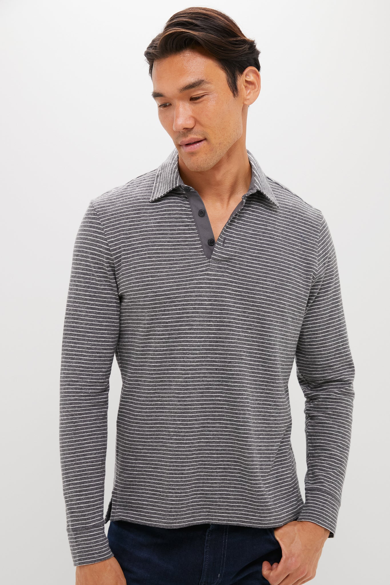 Charcoal Grey Stripe Sunwashed Long Sleeve Polo