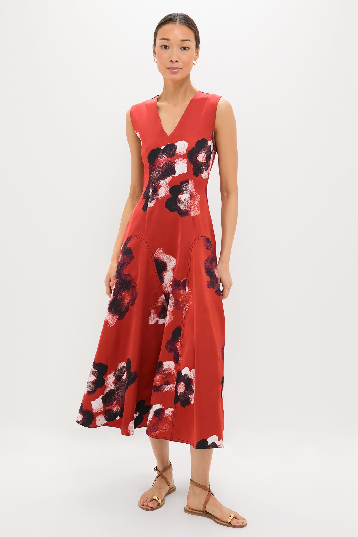 Crimson Red Water Floral Cosmic Midi Dress