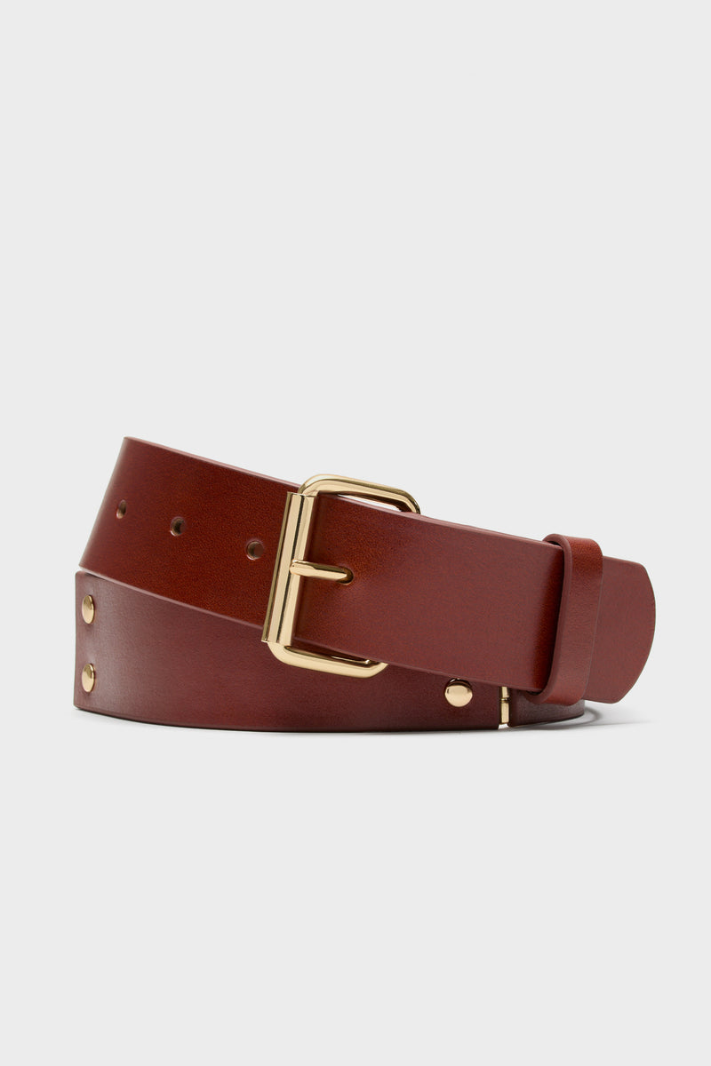 A brown leather belt by Tuckernuck Accessories with gold-tone hardware, featuring a stylish gold buckle and displayed coiled.