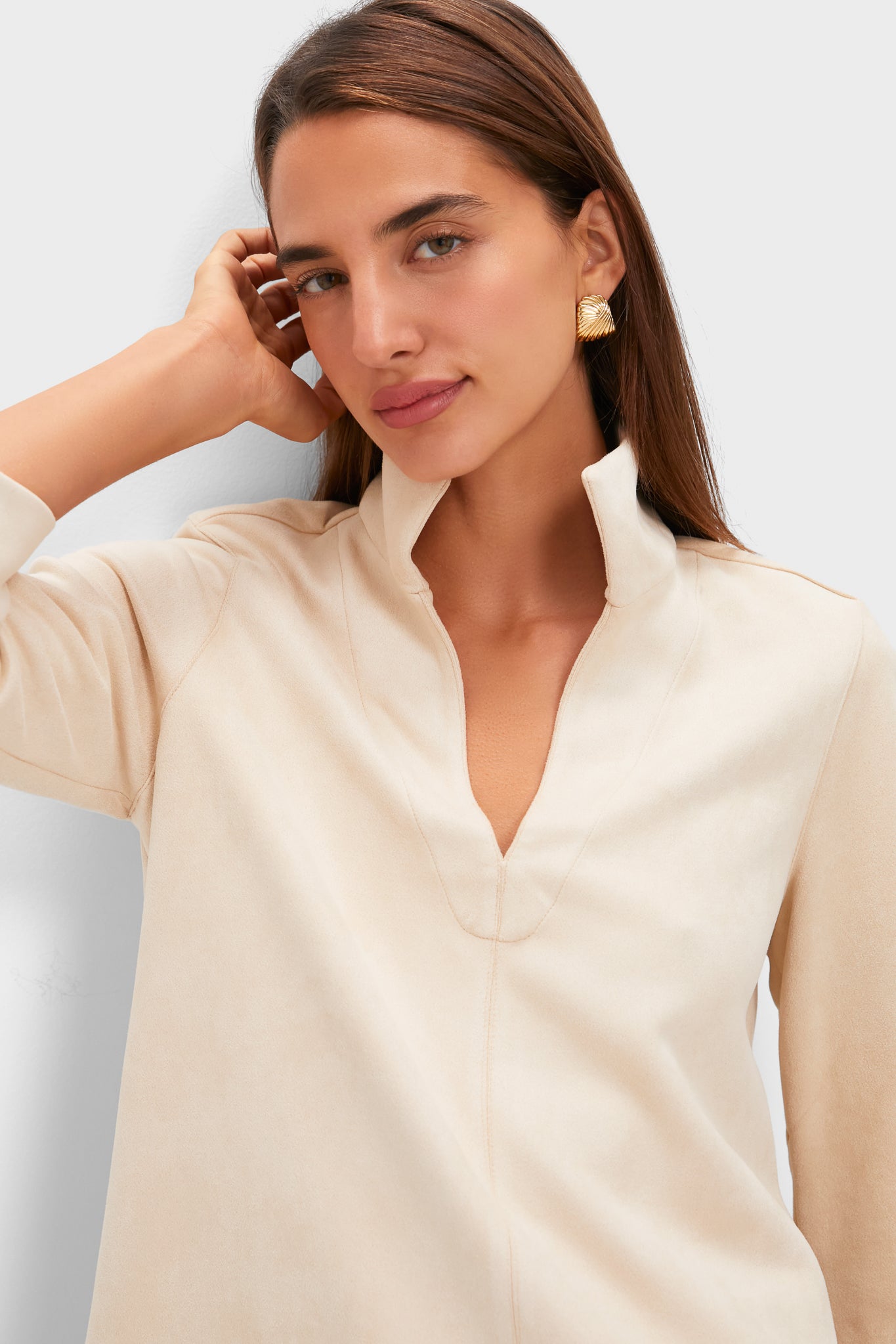 Bone Suede Margot Stand Collar Blouse | Tuckernuck