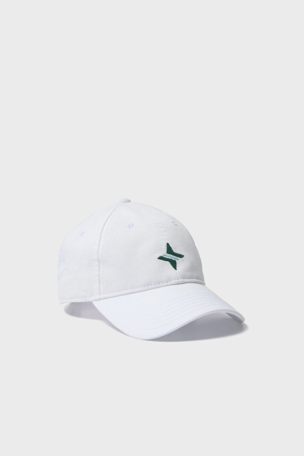 The Harding-Lane white pre-washed cotton hat has a small green embroidered star-like design on the front, combining classic style and comfort.