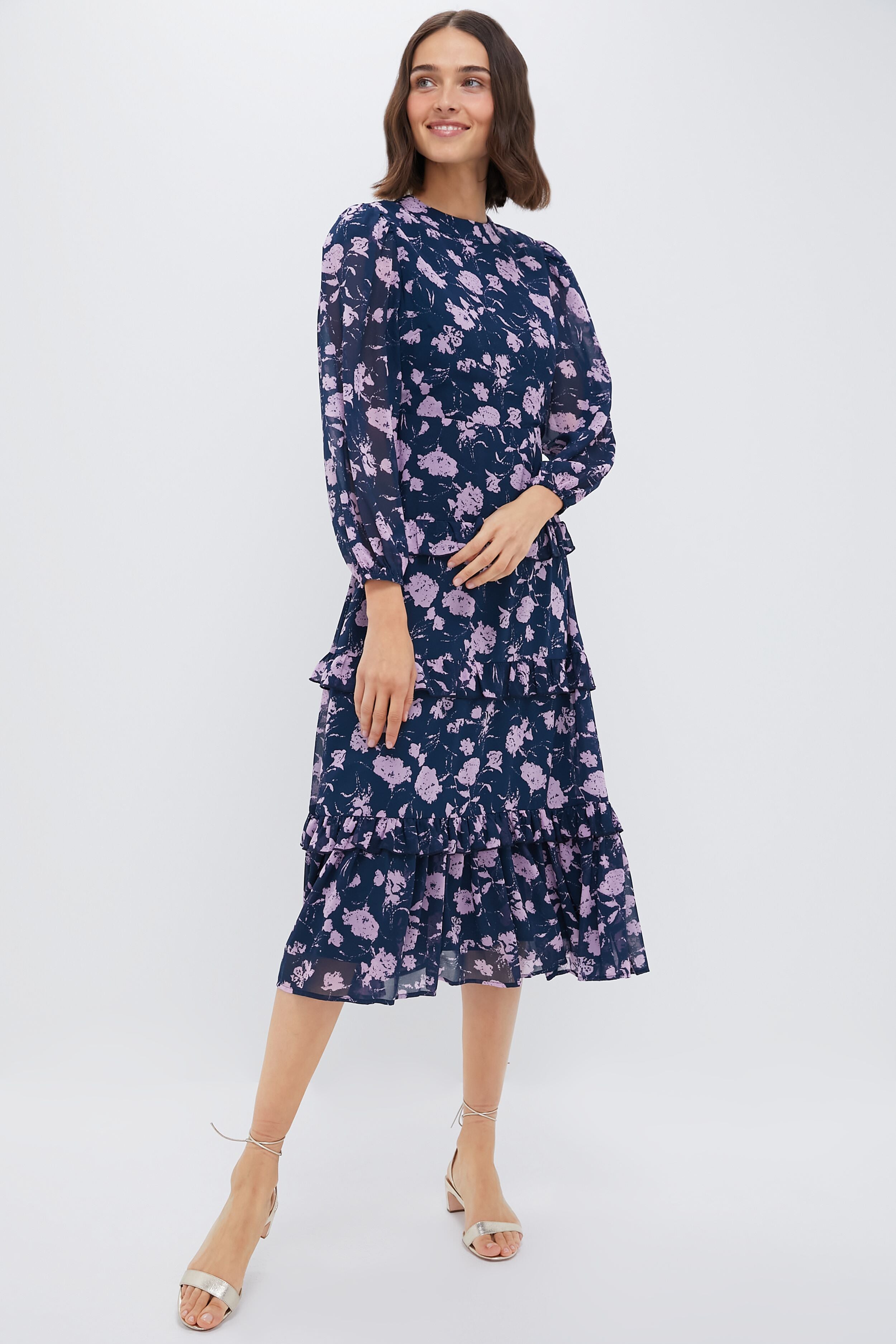 Navy & Blush Abstract Floral Rosalind Ruffle Midi Dress