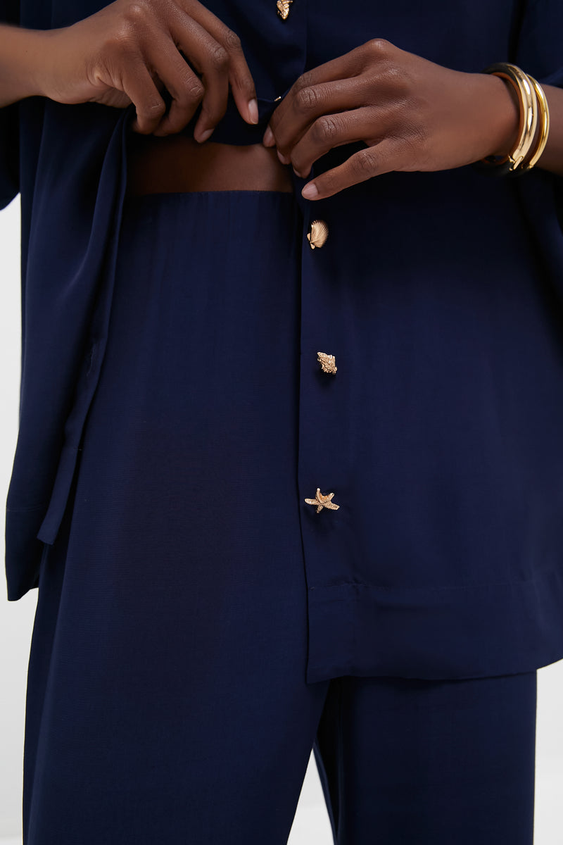 Navy Viscose Charmeuse Moore Wide Leg Pant