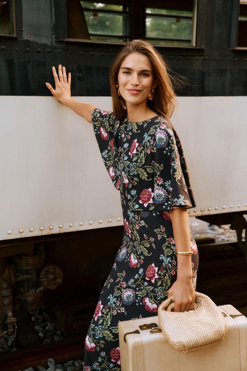 Midnight Moonflower Cape Leah Dress