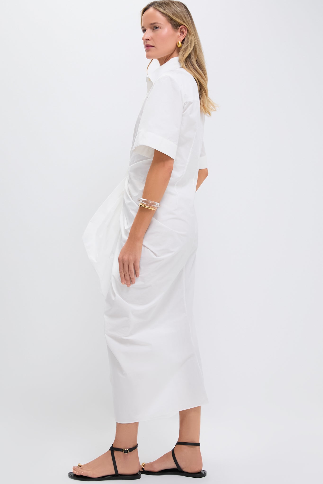 White Gathered Ruffle Shirt Dress
