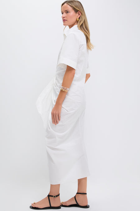 White Gathered Ruffle Shirt Dress
