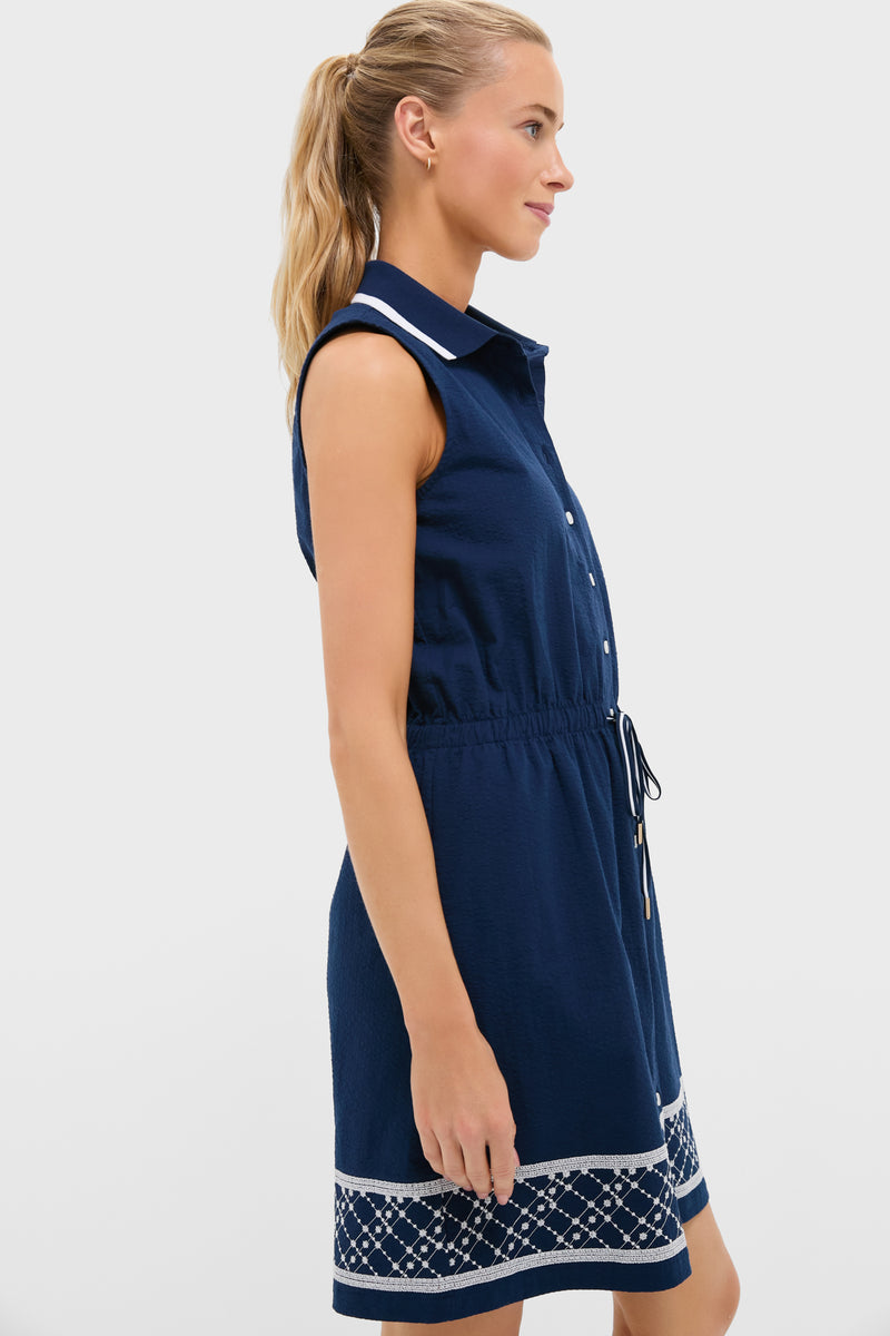 Navy and White Embroidered Sleeveless Performance Seersucker Alcott Golf Dress