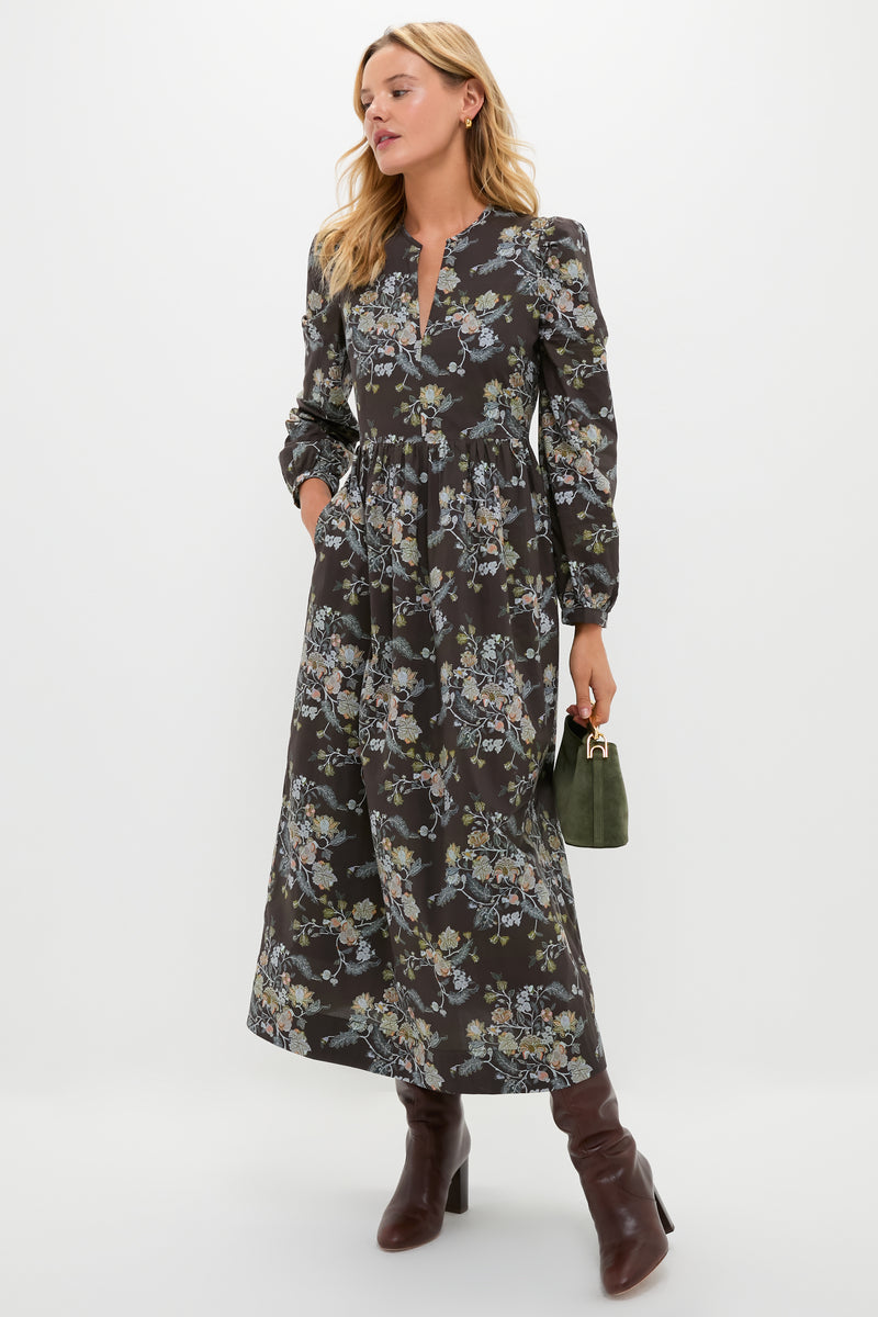 Long Sleeve Brown Multi Floral Oslo Midi Dress