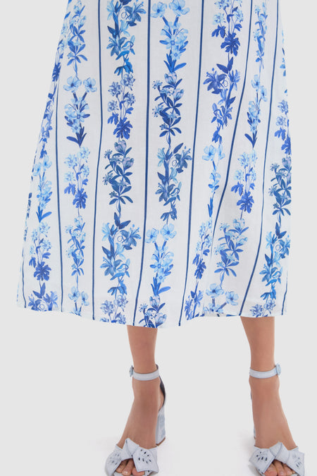 Blue Floral and Stripe Minnie Midi Dress