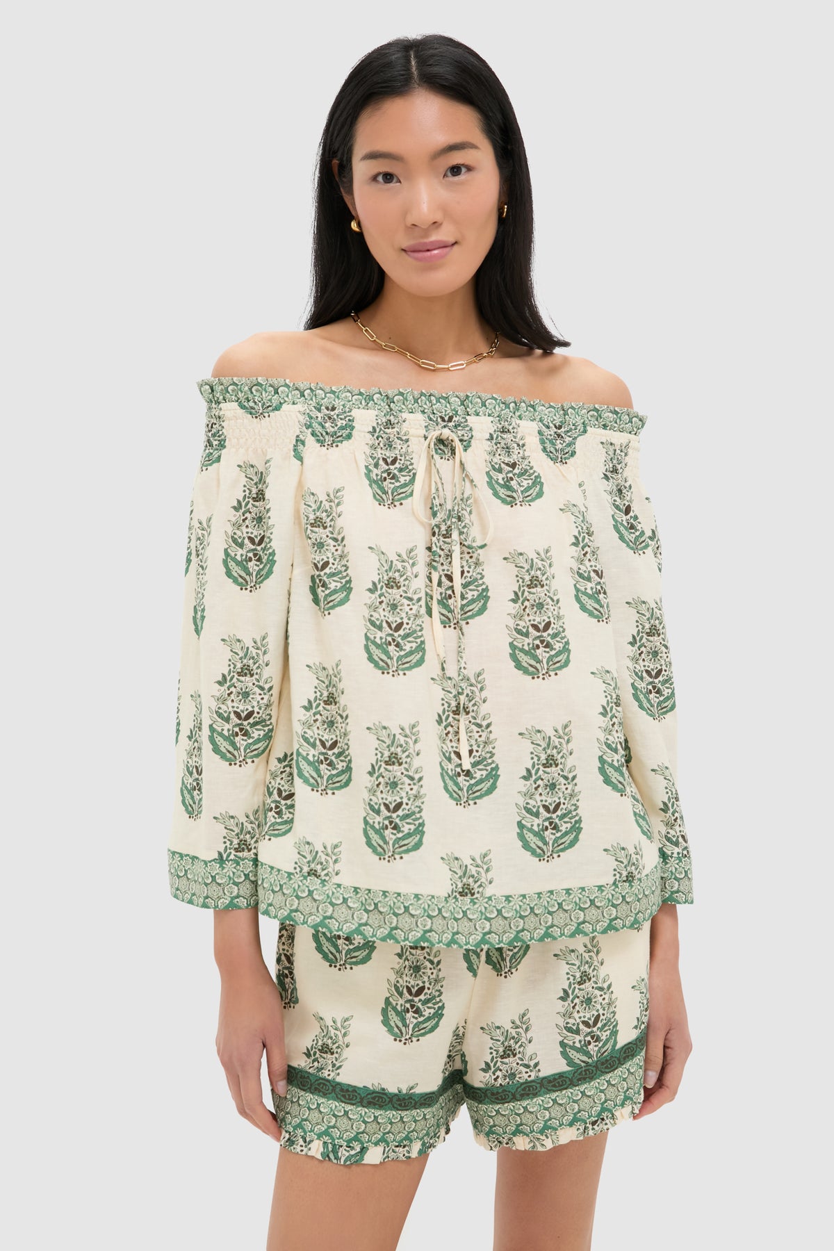 Jade Terrace Cotton Linen Off the Shoulder Ashleigh Blouse