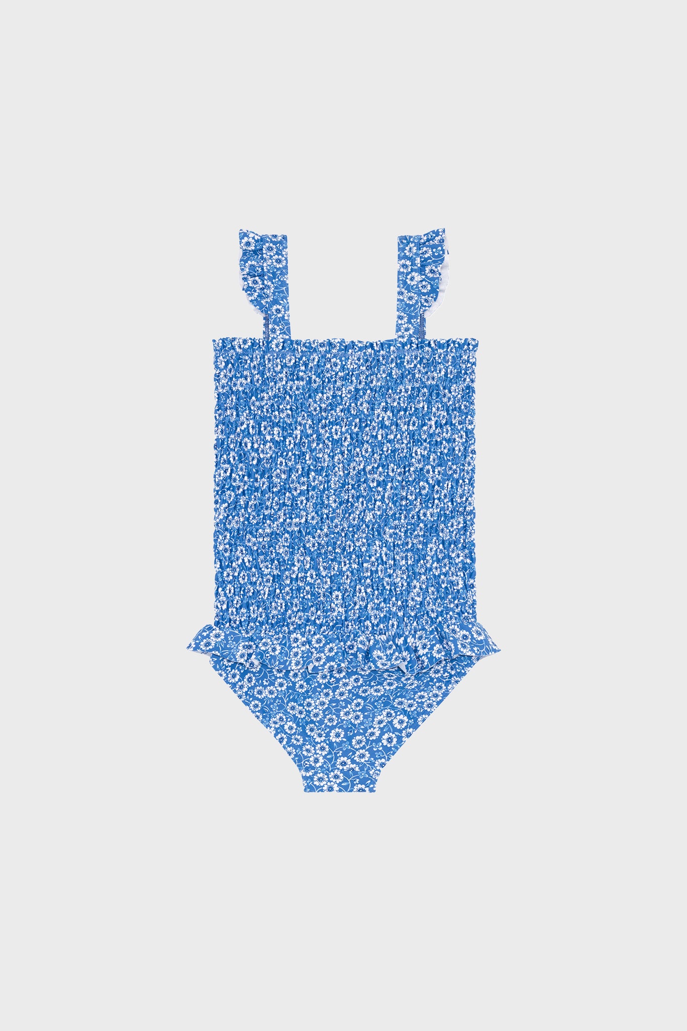 Blue Floral Smocked One Piece with Ruffle Skirt