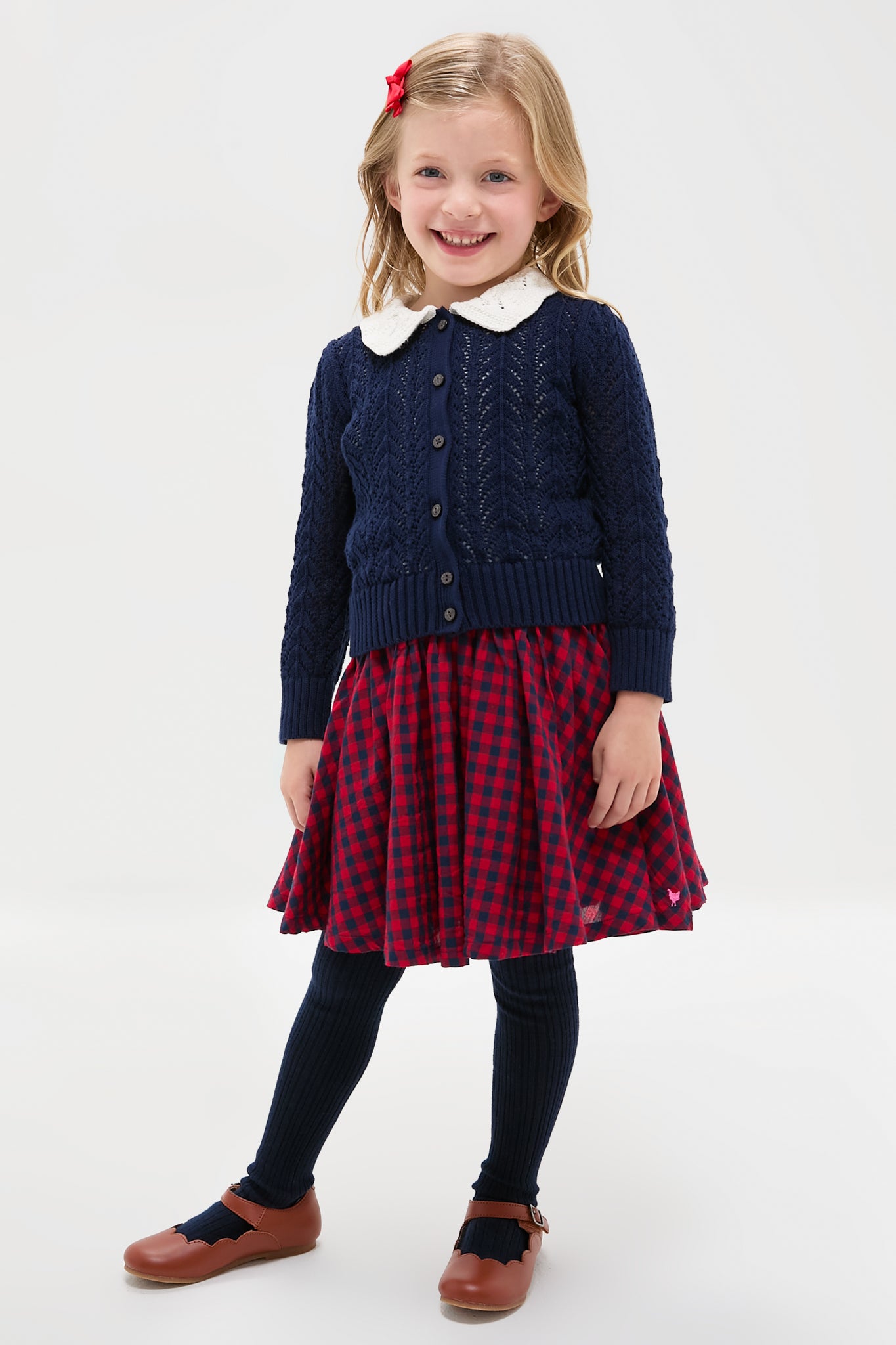 Girls Long-Sleeve Cotton Pointelle Collared Cardigan