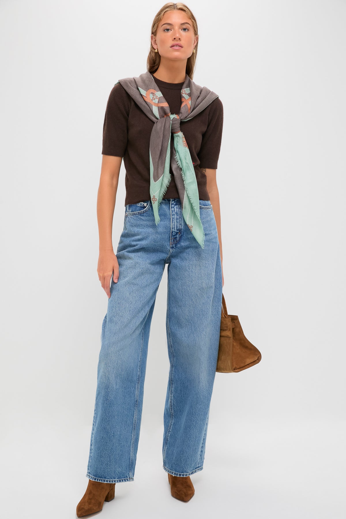 Model draped in the classic French Tassel Silk Cashmere Blend Large Scarf, showcasing its effortless versatility and high-end style, perfectly paired with chic casual wear.