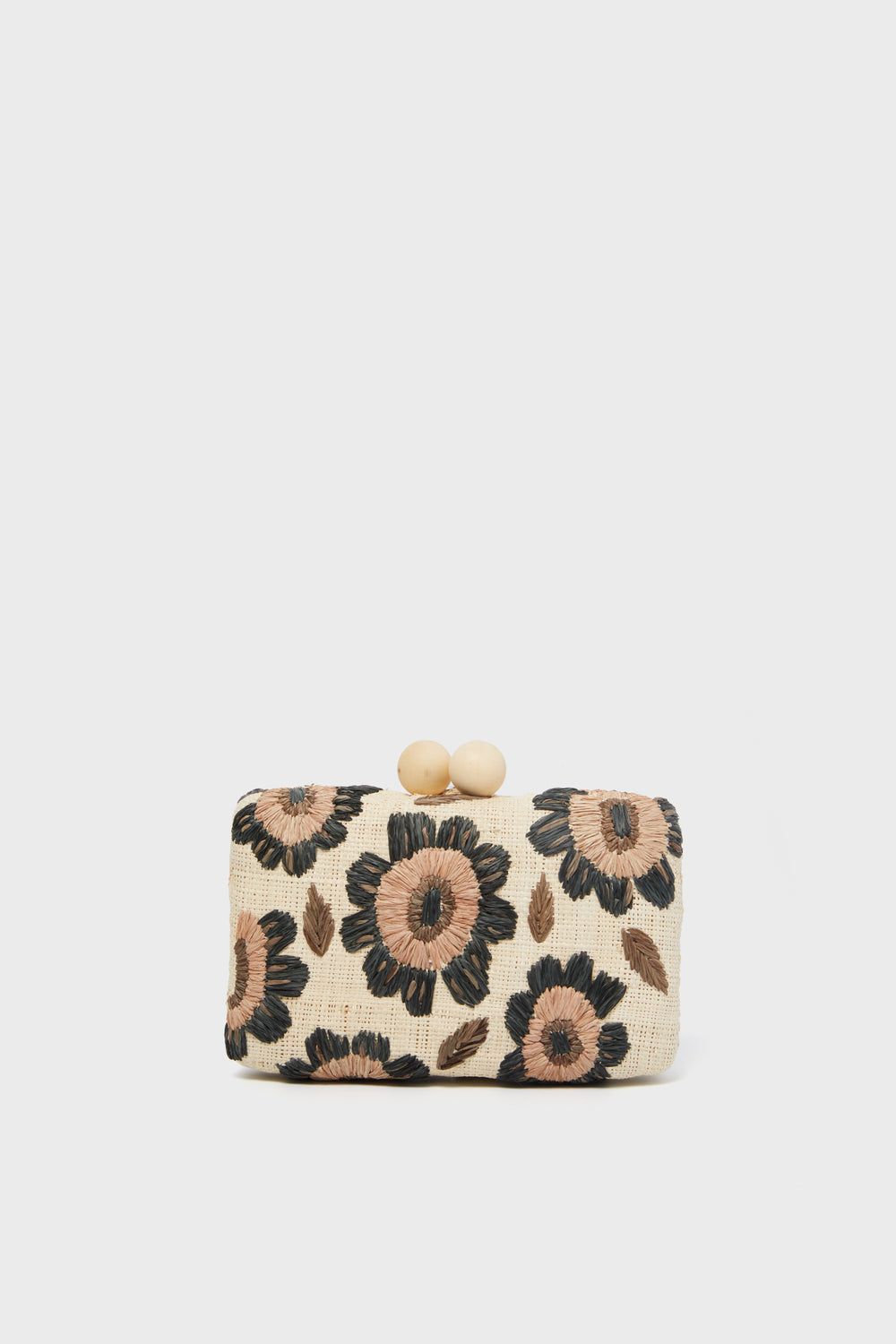 Kayu rectangular hand-embroidered clutch with black and brown floral designs, topped with a clasp featuring two round beige beads—a beautiful, sustainable accessory choice.