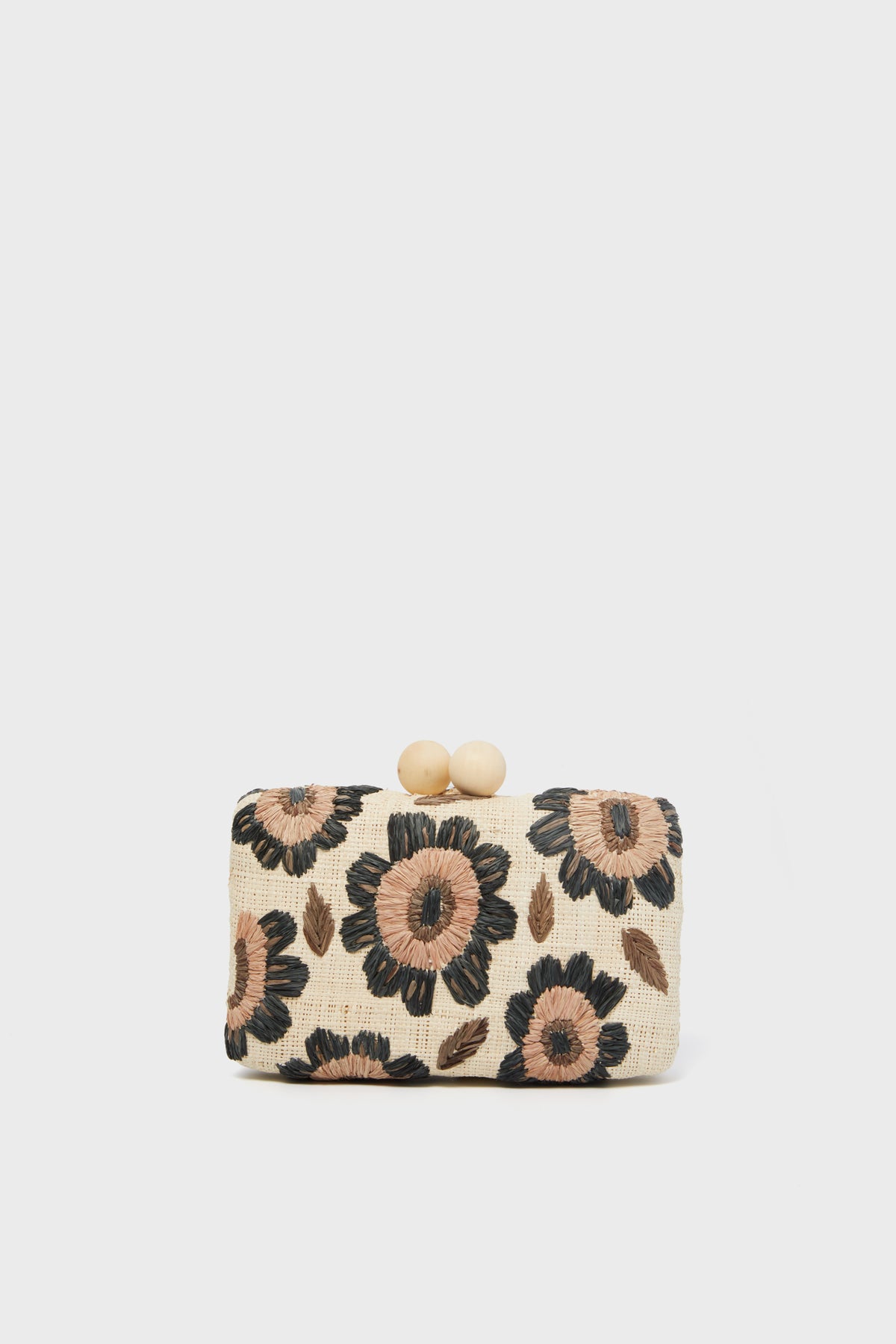 Kayu rectangular hand-embroidered clutch with black and brown floral designs, topped with a clasp featuring two round beige beads—a beautiful, sustainable accessory choice.