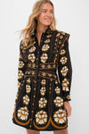 Black Embroidered Flowers Topstitching Long Sleeve Mini Dress