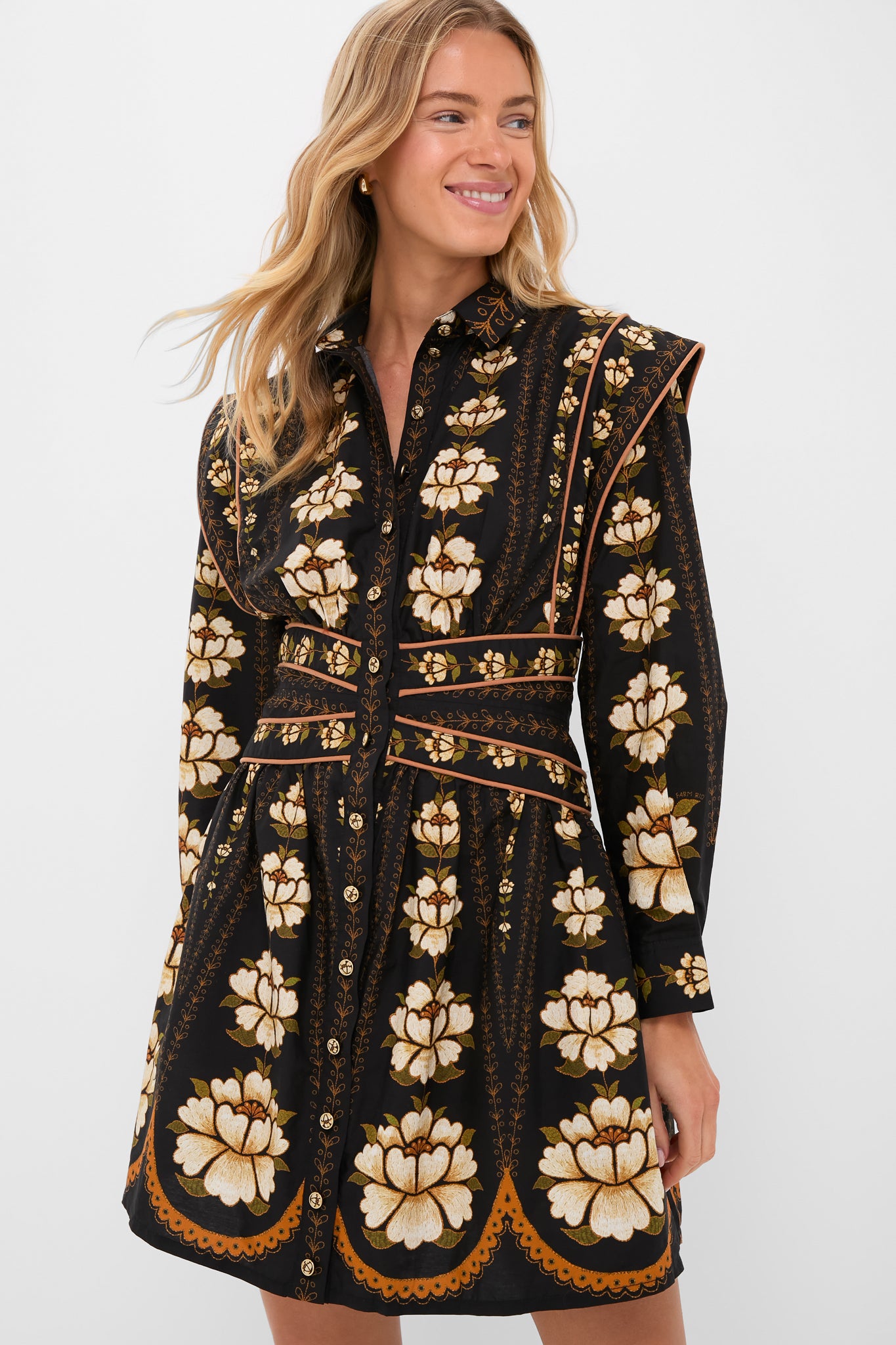 chinese dress ladies Black Embroidered Flowers Topstitching Long Sleeve Mini Dress