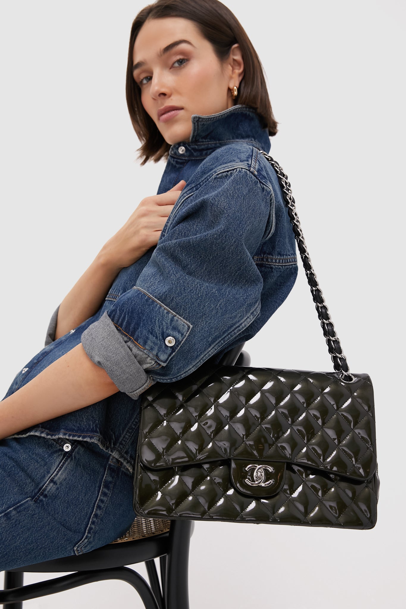 CHANEL Olive Patent Leather Matelasse Coco Mark Shoulder Bag