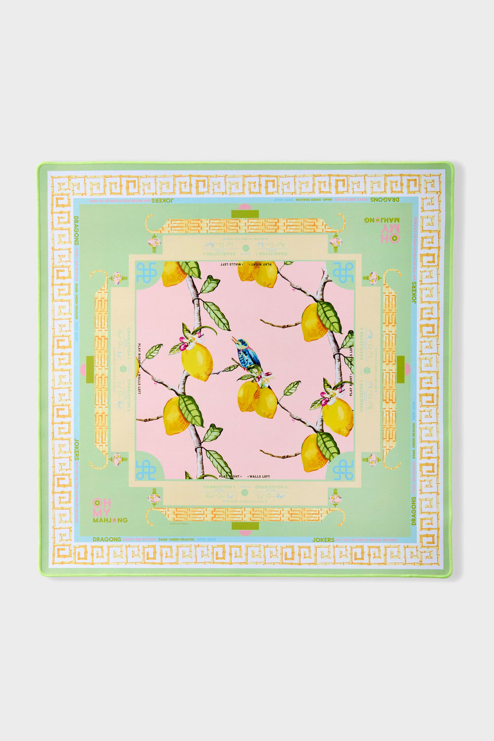 Citrus Songbird Playing Mat: Classic mahjong mat with wind indicators, featuring an effortless and fun design of lemons and a bird, perfect for high-end game sessions.