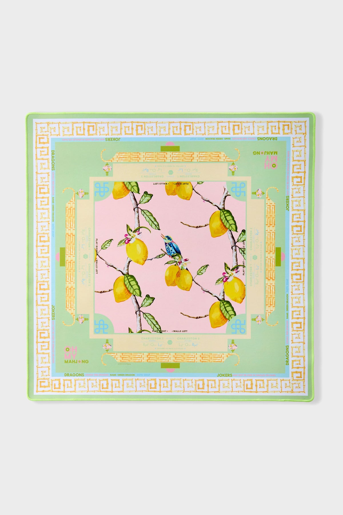 Citrus Songbird Playing Mat: Classic mahjong mat with wind indicators, featuring an effortless and fun design of lemons and a bird, perfect for high-end game sessions.