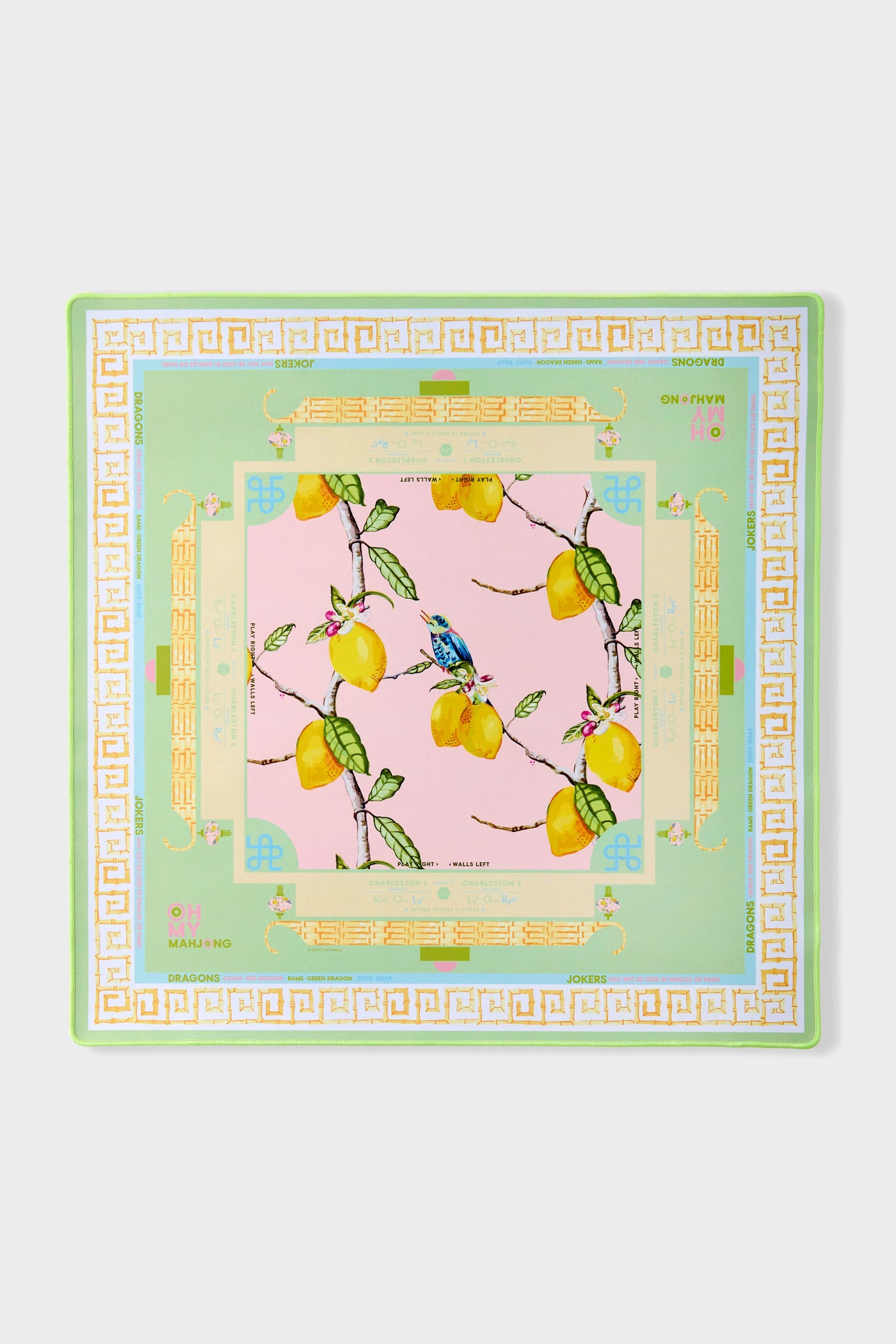 Citrus Songbird Playing Mat: Classic mahjong mat with wind indicators, featuring an effortless and fun design of lemons and a bird, perfect for high-end game sessions.