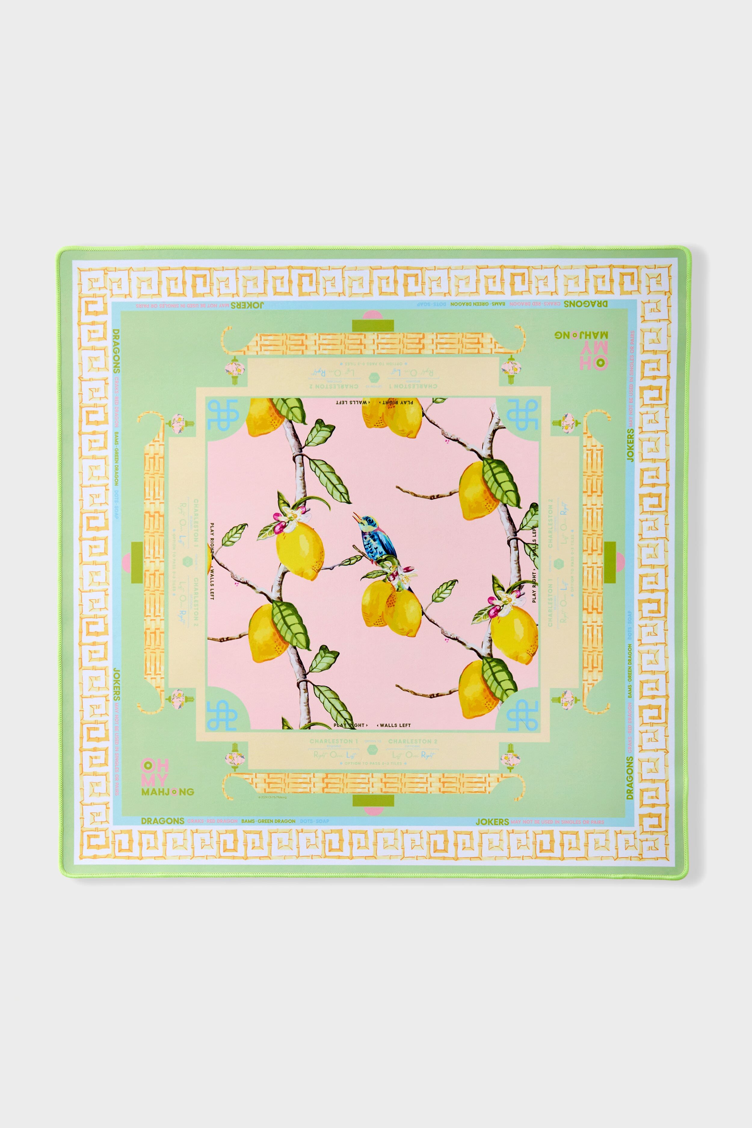 Citrus Songbird Playing Mat: Classic mahjong mat with wind indicators, featuring an effortless and fun design of lemons and a bird, perfect for high-end game sessions.
