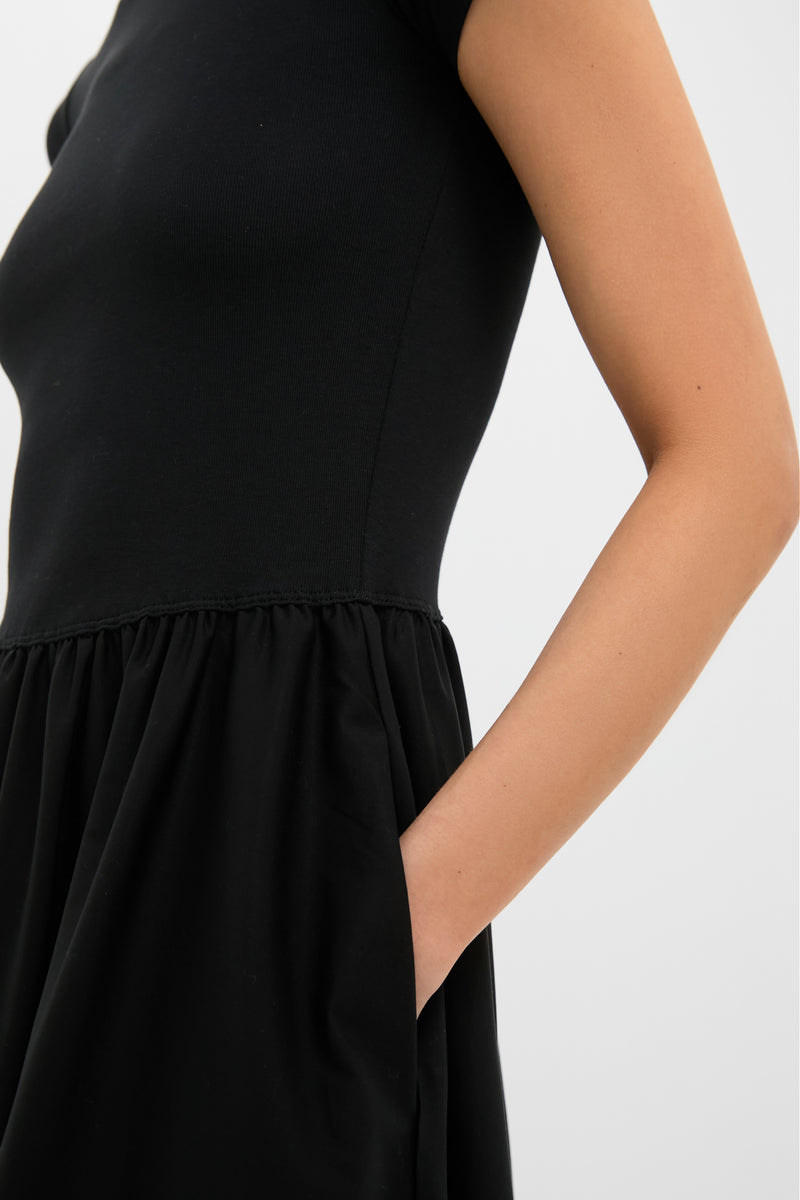 Black Rib Knit Crew Neck Short Sleeve A-Line Dress
