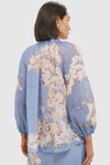 Teal Blue Botanical Floral Cascadian Billow Blouse