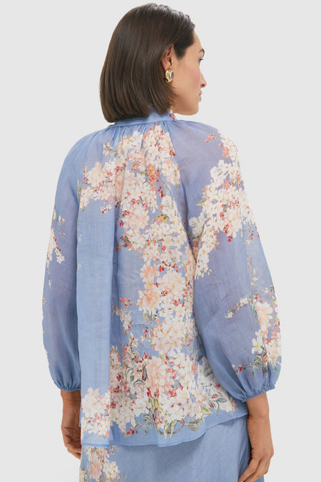 Teal Blue Botanical Floral Cascadian Billow Blouse