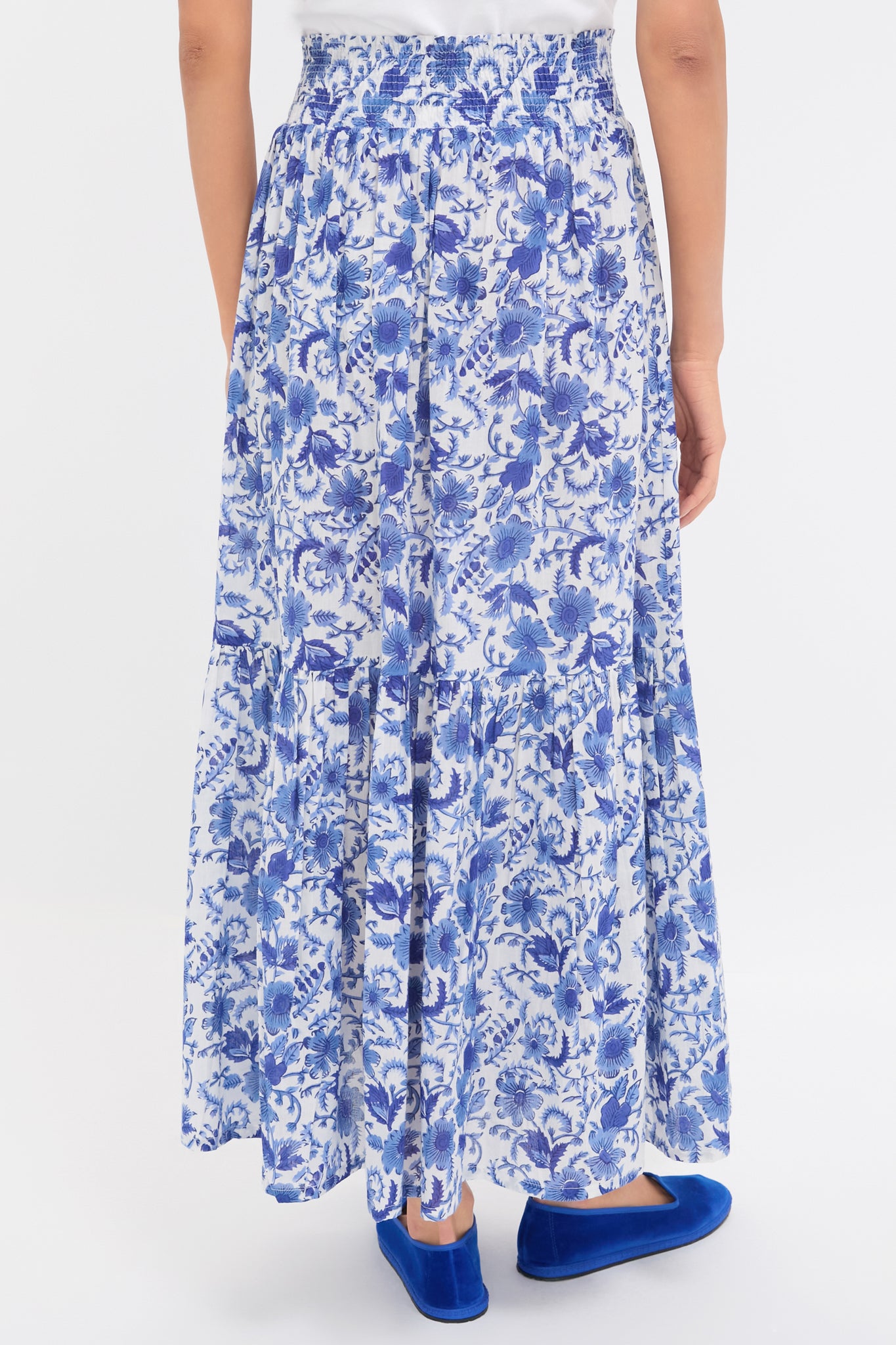 Exclusive Blue Morning Flower Print Shirred Skirt