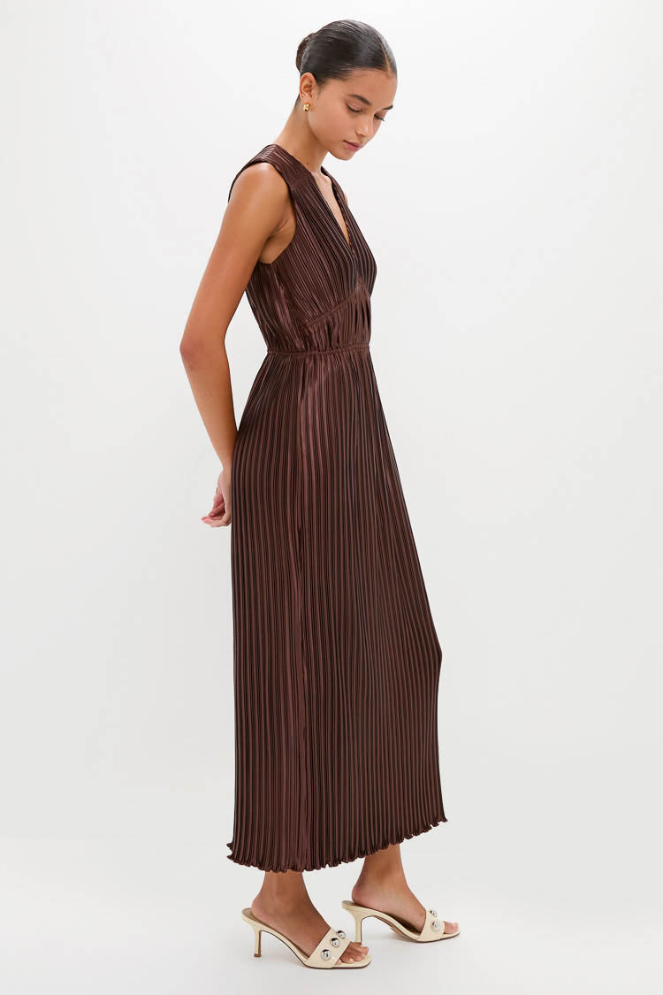 knee length dresses for ladies Brown Pleated Chloe Maxi Dress