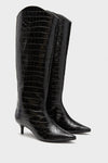 Black Maryana Up Mid Boots: classic knee-high, glossy croc-embossed leather, pointed toe, low kitten heel. Effortlessly chic and fun for versatile, high-end style.