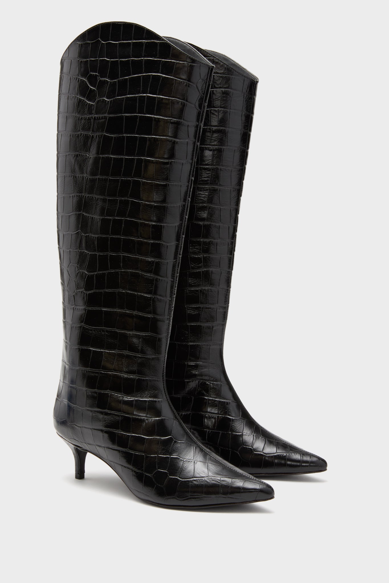 Black Maryana Up Mid Boots: classic knee-high, glossy croc-embossed leather, pointed toe, low kitten heel. Effortlessly chic and fun for versatile, high-end style.