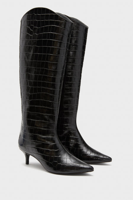 Black Maryana Up Mid Boots: classic knee-high, glossy croc-embossed leather, pointed toe, low kitten heel. Effortlessly chic and fun for versatile, high-end style.