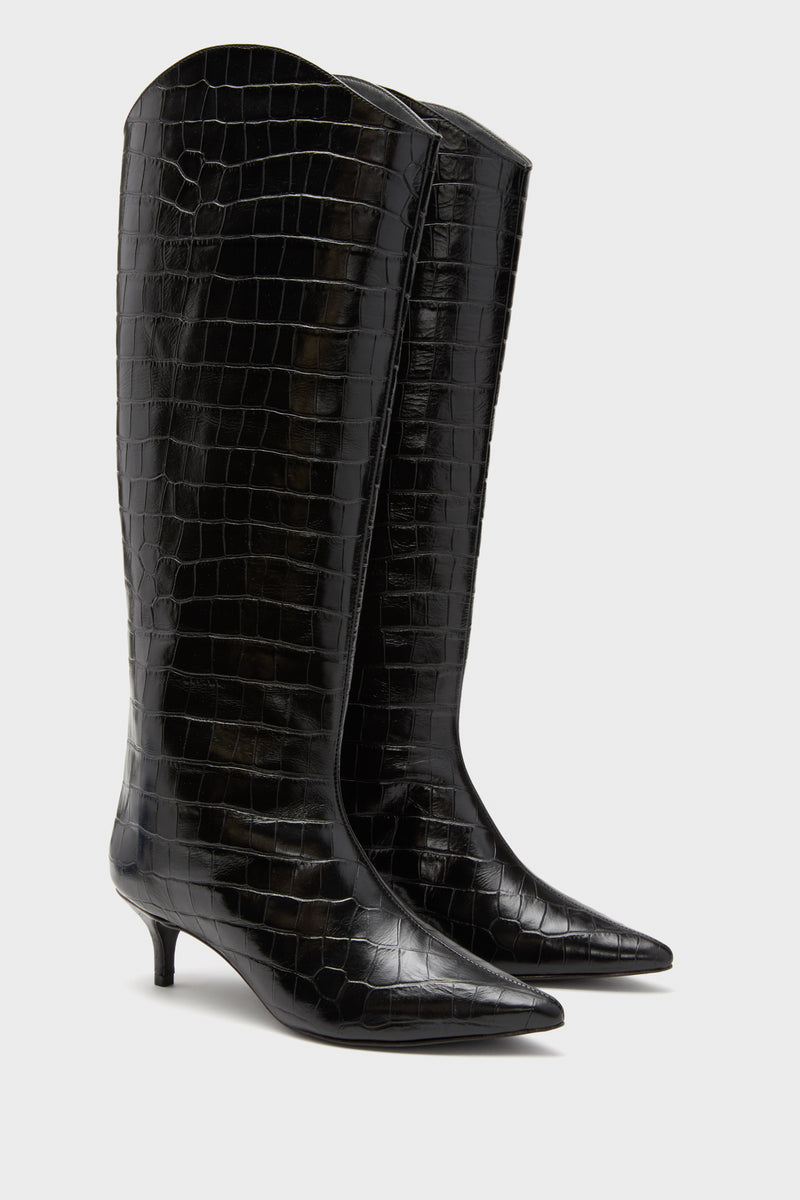 Black Maryana Up Mid Boots: classic knee-high, glossy croc-embossed leather, pointed toe, low kitten heel. Effortlessly chic and fun for versatile, high-end style.