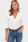 White Cotton Sateen Ruffle Eileen Button Down Shirt